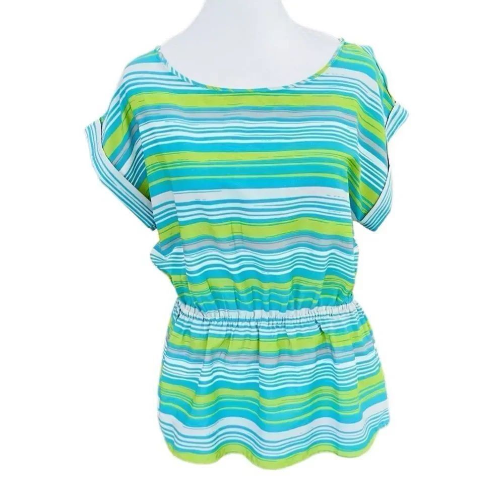 Banana Republic Factory Teal, Lime Green, Gray Striped Elastic Waist Top Sz M.